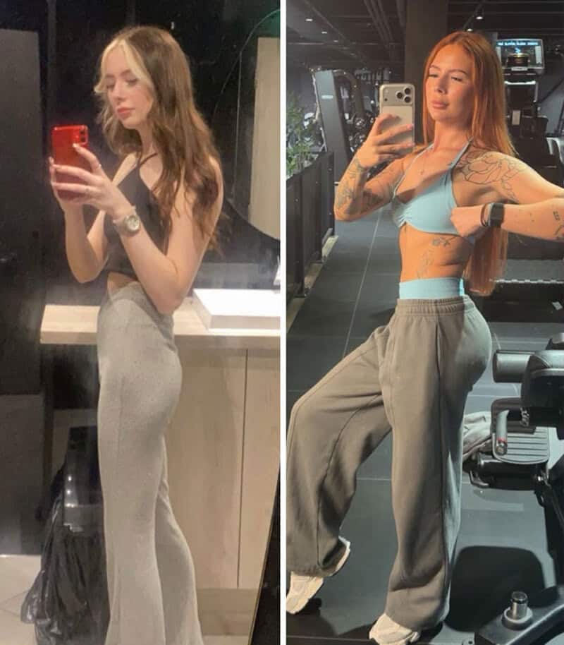 Two women taking mirror selfies, one in a bathroom and the other in a gym.