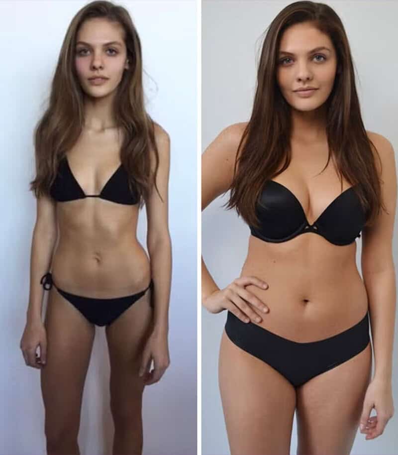 Before and after weight gain transformation of a woman in black bikini.