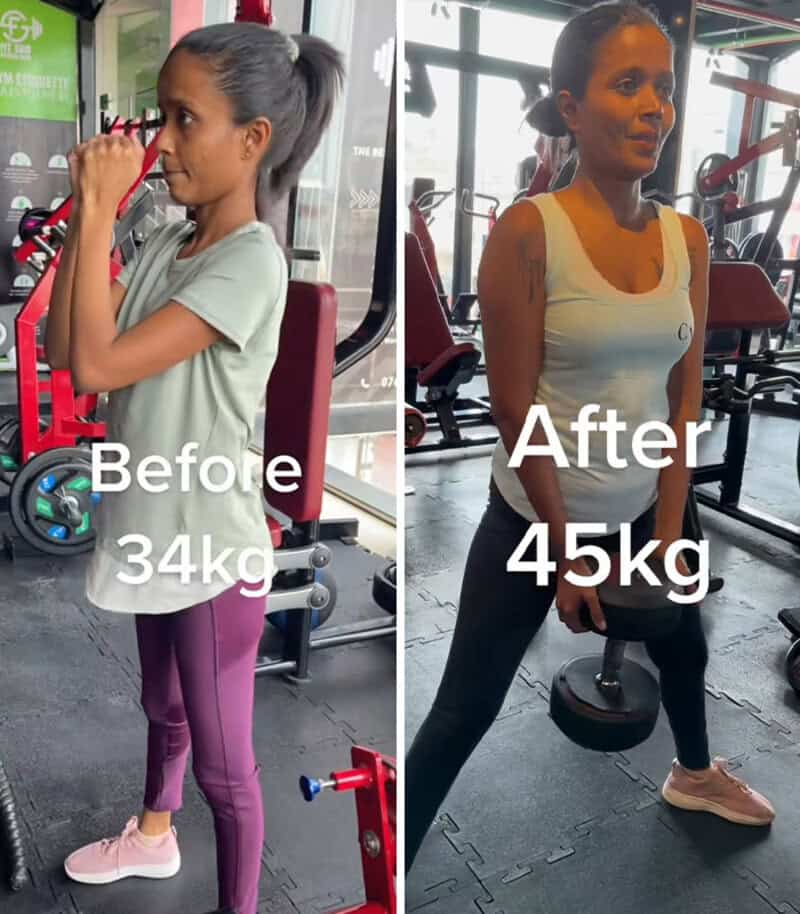 Before and after weight gain transformation of a woman at the gym.