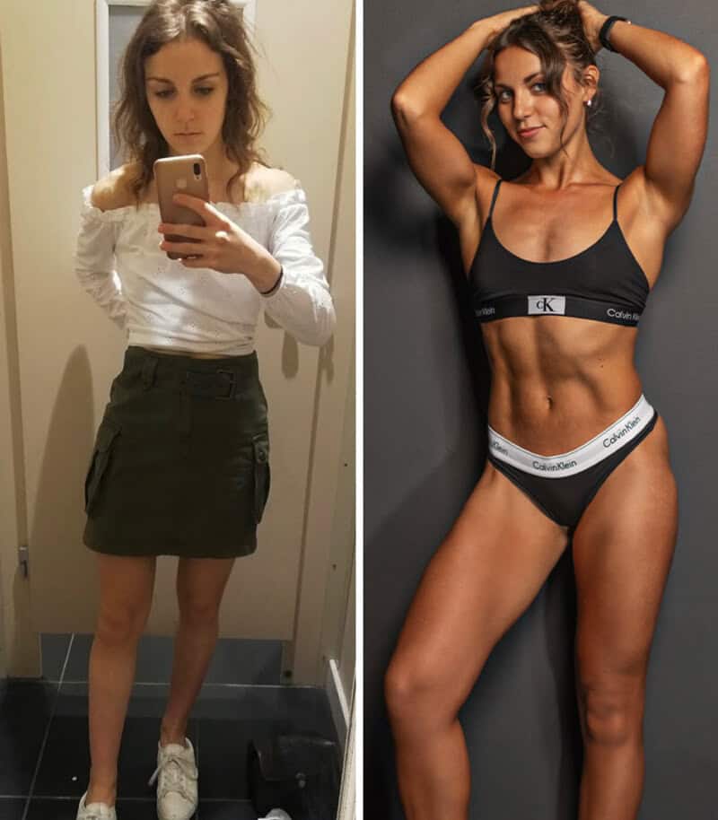Before and after weight gain transformation of a woman in fitness journey.