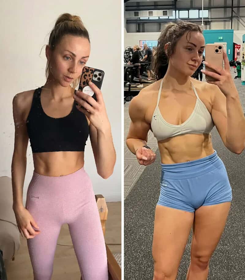 Before and after weight gain transformation photos of a woman in workout clothes.