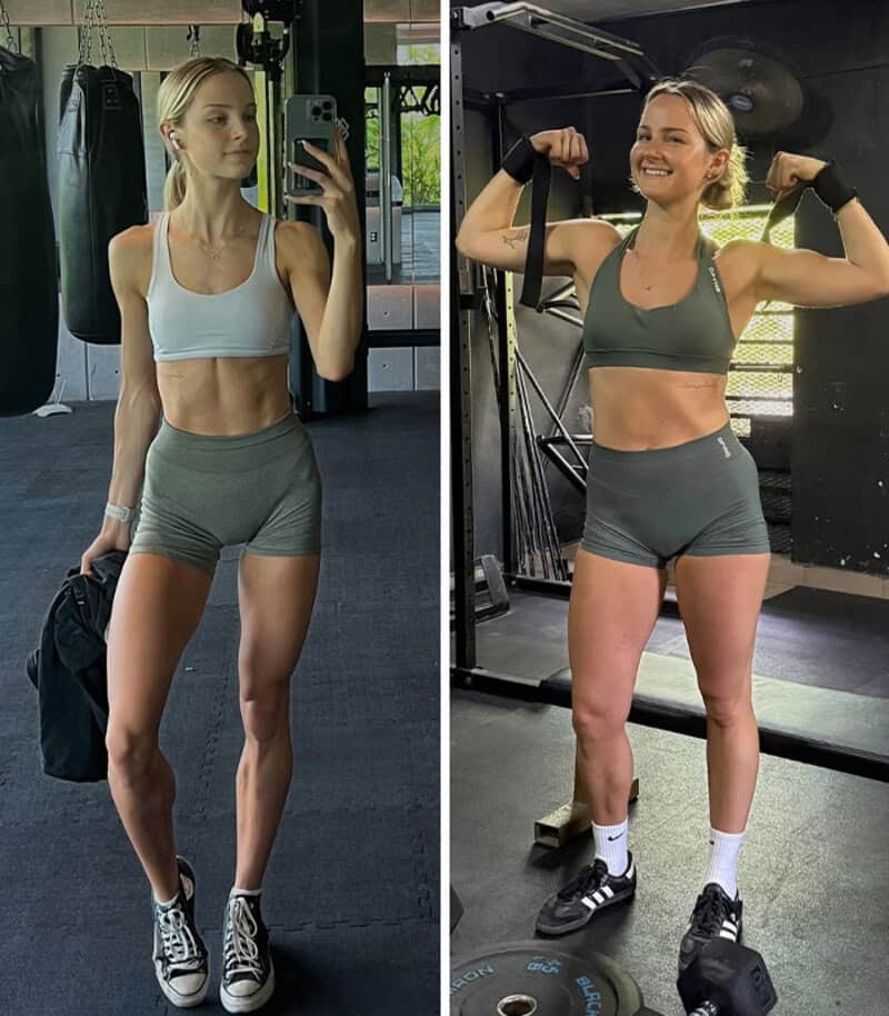 Before and after fitness transformation of a woman at gym, showing progress.