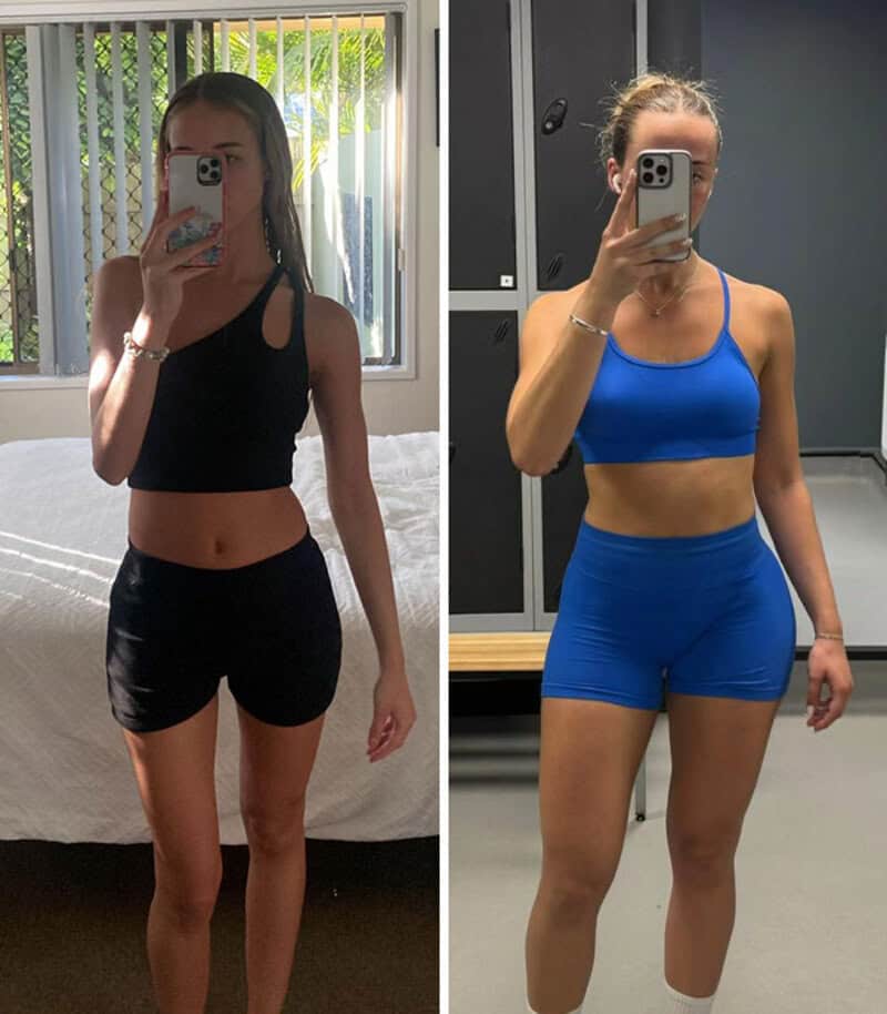 Before and after weight gain transformation of a woman in workout clothes.