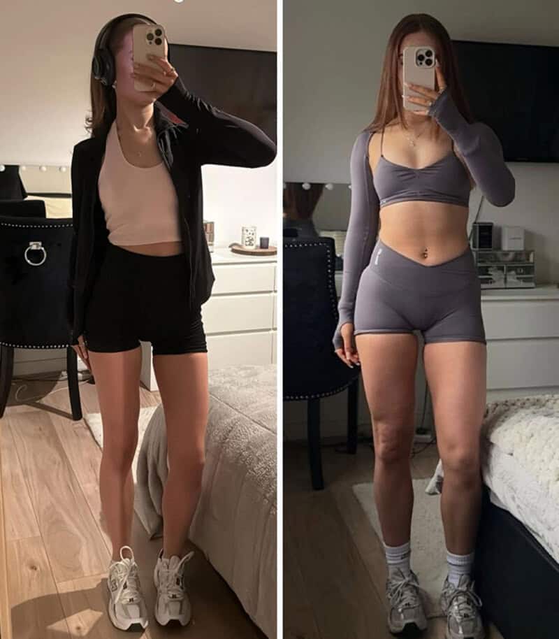 Before and after weight gain transformation of a woman in bedroom.