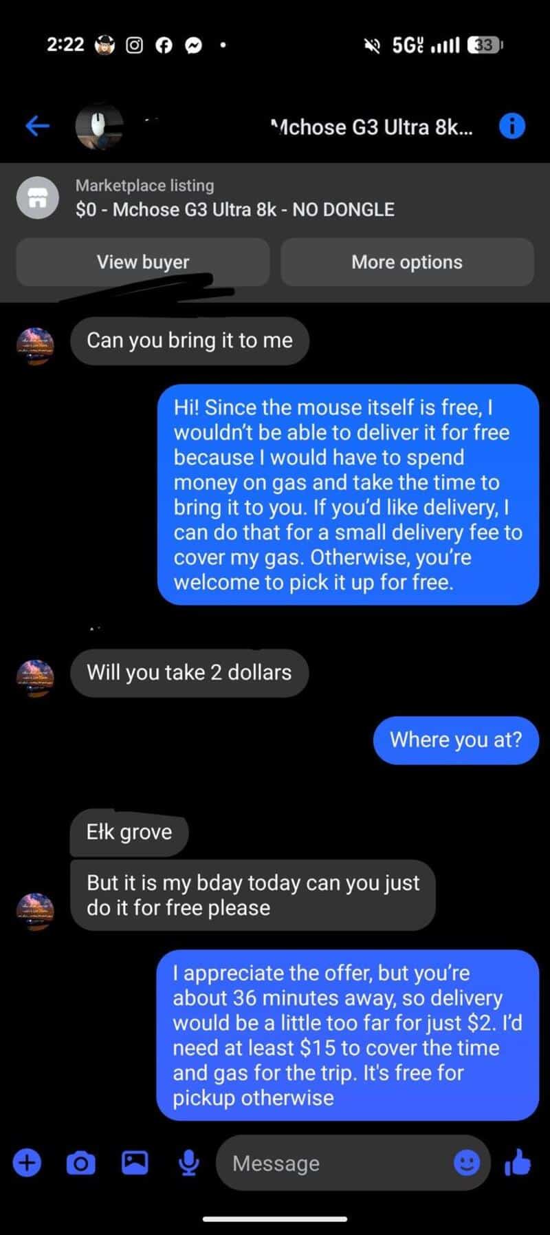 Conversation about a free delivery for gas with a delivery person and customer.