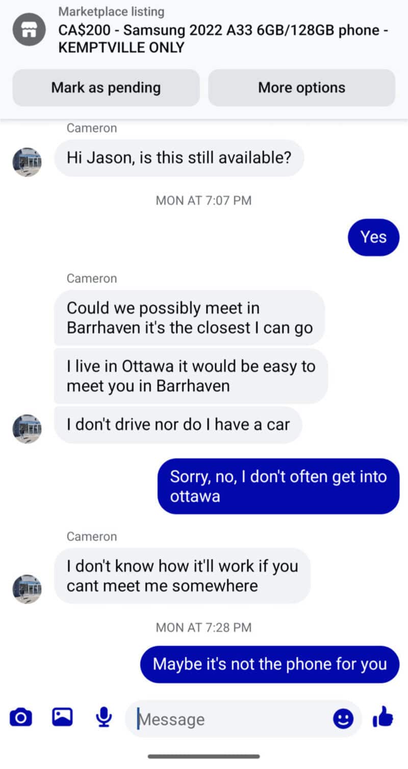 Text message conversation about meeting in Barrhaven, Ottawa, with car and phone icons.