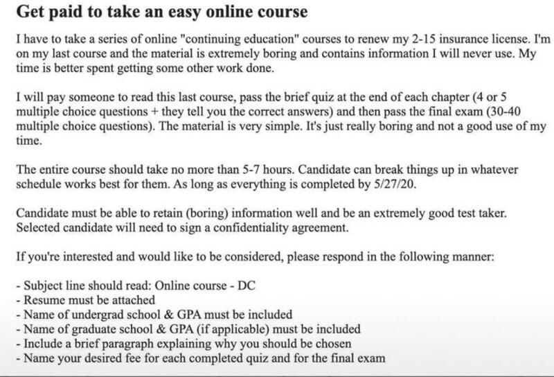 Online course description for insurance license renewal with exam details and application process.