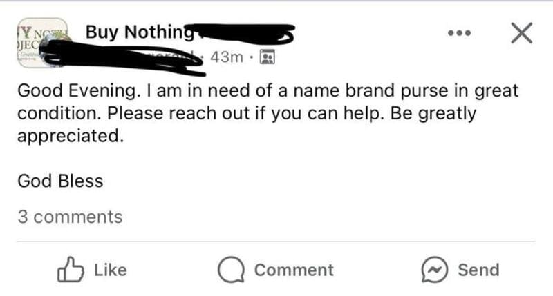 A social media post requesting a name brand purse in good condition.