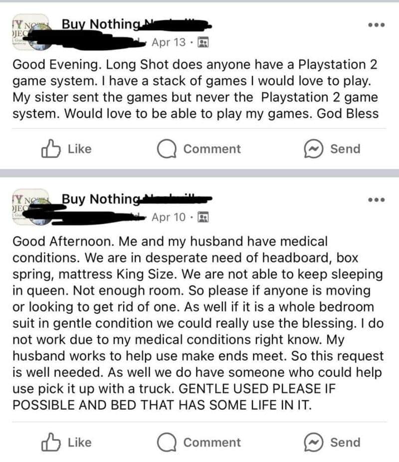 Screenshots of Facebook posts requesting used bed and help for medical needs.