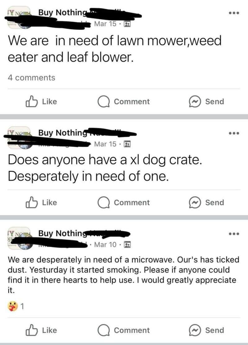Posts requesting lawn mower, weed eater, leaf blower, XL dog crate, and microwave.