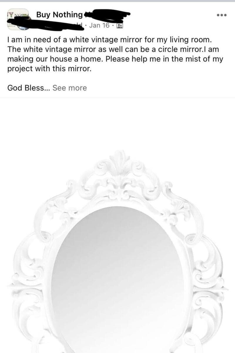 Request for a white vintage mirror for a living room project.