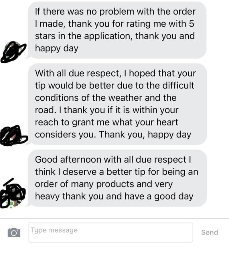 Text messages discussing order, tips, and weather conditions.