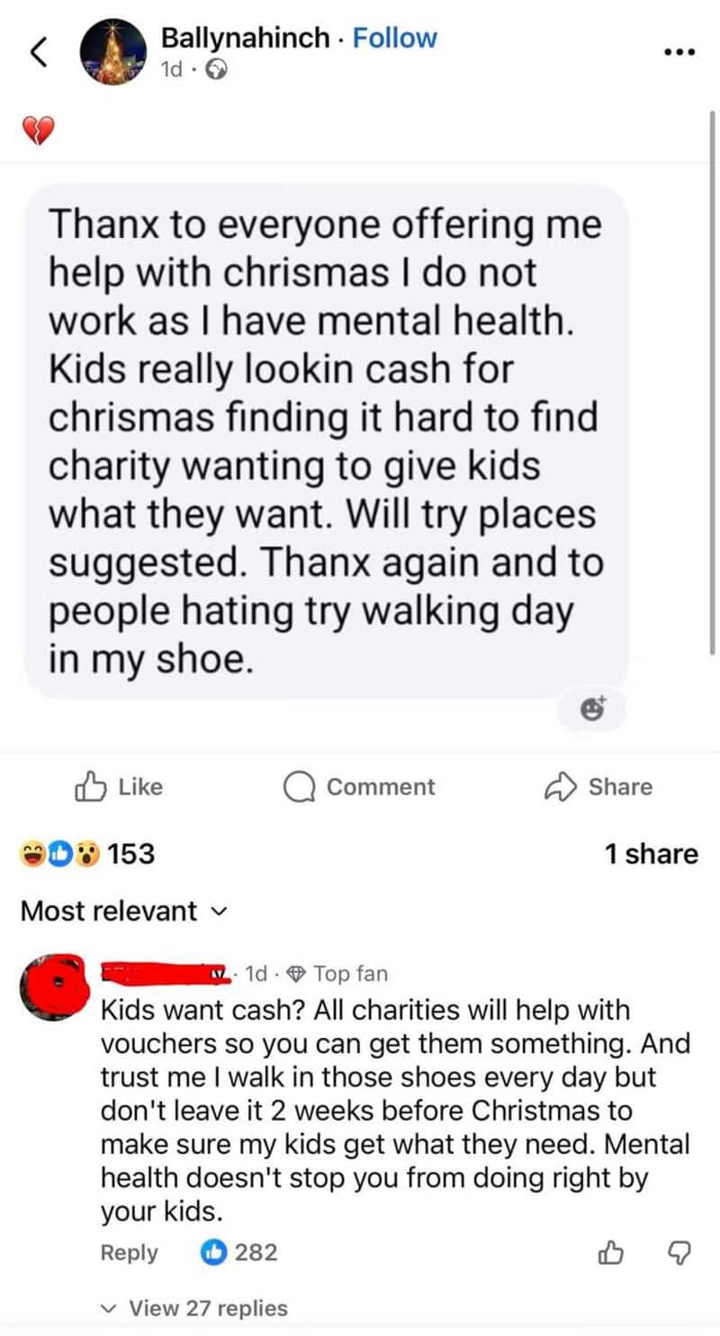 A social media post expressing gratitude for Christmas help and discussing children's charity needs.