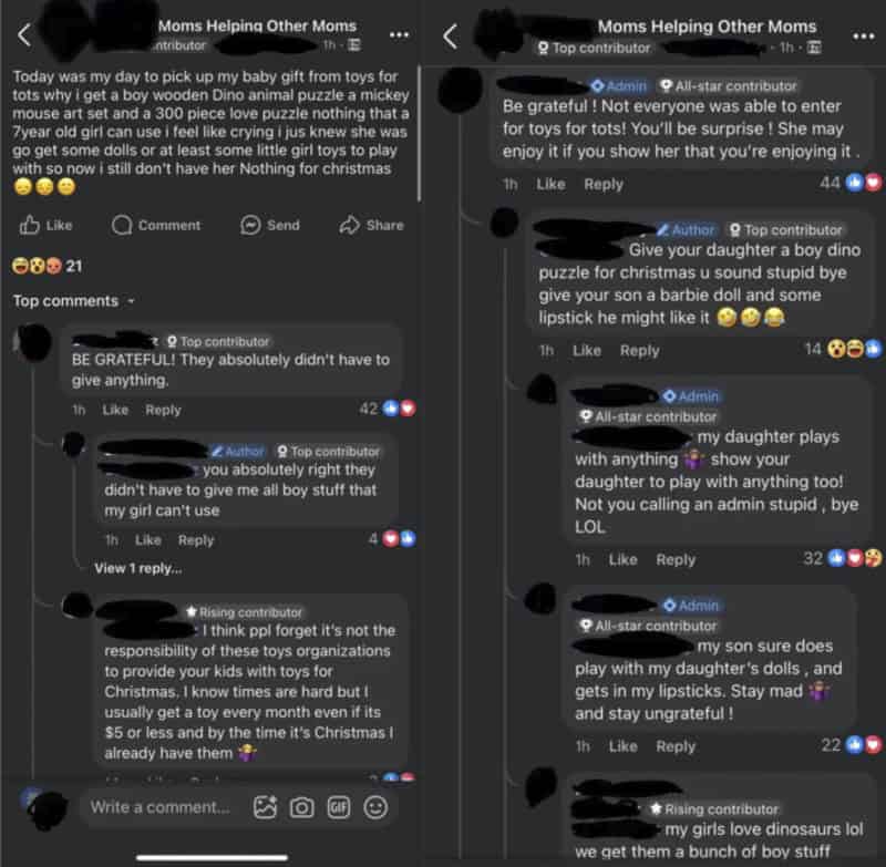 Facebook post about kids' toys and gift giving, with comments and replies.