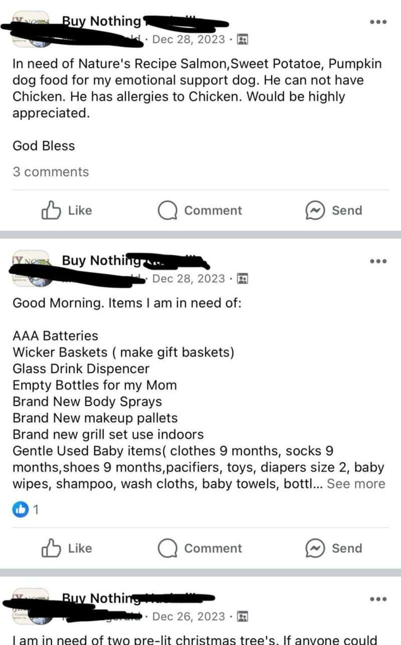 Image of a social media post listing items needed for donation, including batteries, baskets, and a.