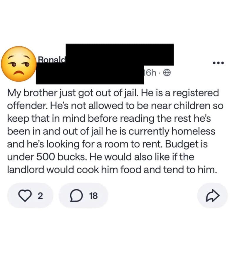 Facebook post about brother recently released from jail, homeless, seeking food and shelter.