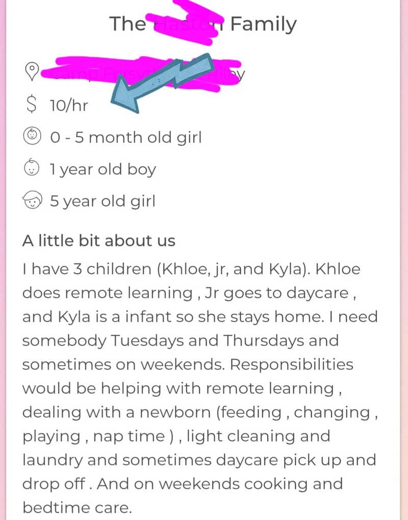 Family profile with age details and description of childcare responsibilities.