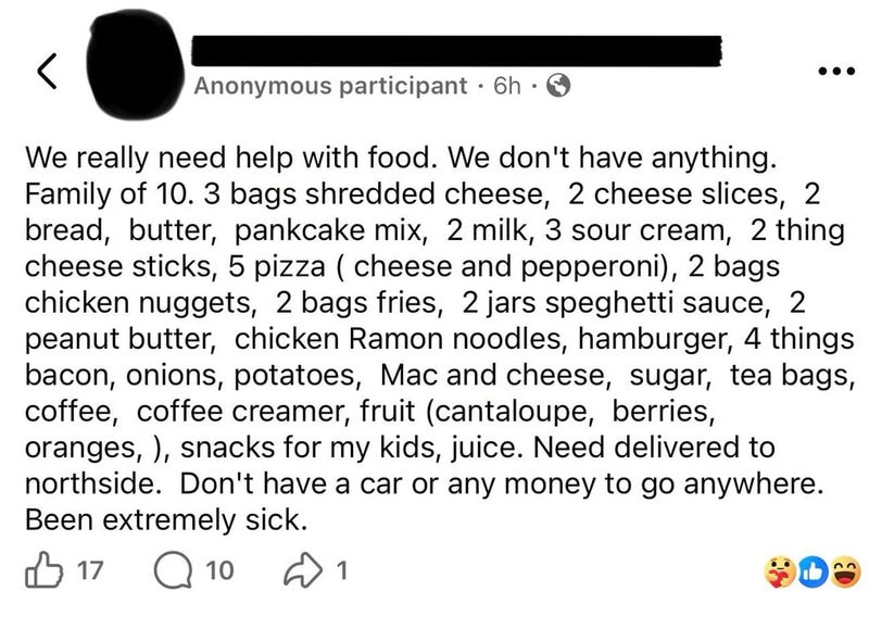 A Facebook post requesting food donations for a family of 10, listing specific items needed.