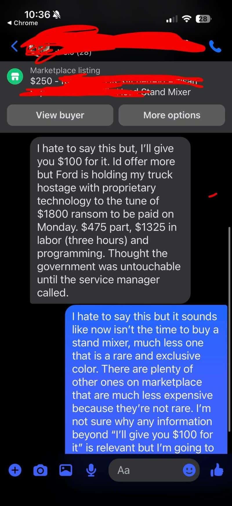 Text message about a truck hostage situation and a stand mixer.