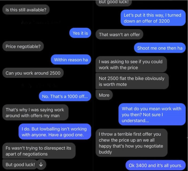 Chat conversation about negotiating price and offers.