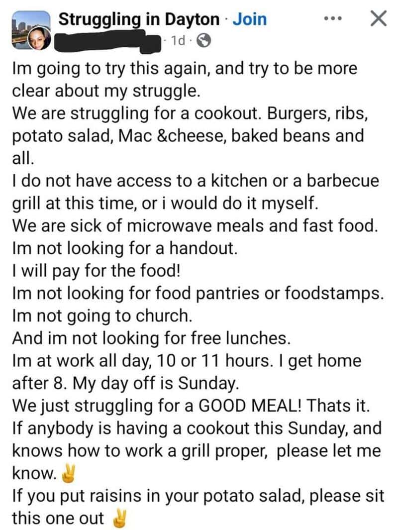 Person sharing struggles with cooking and food access, seeking help for a meal.