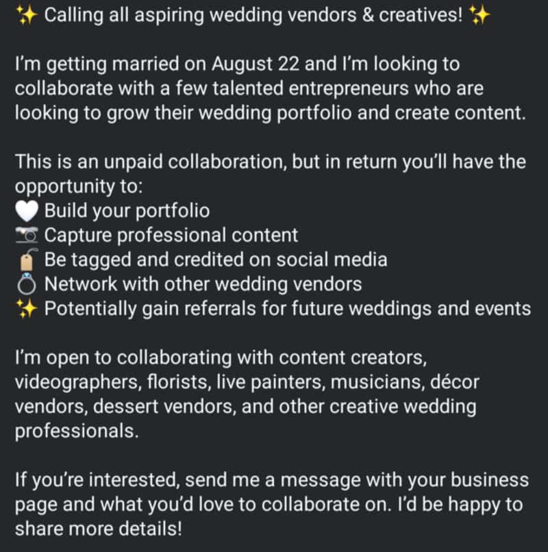 Wedding vendor collaboration call for entrepreneurs and creatives.