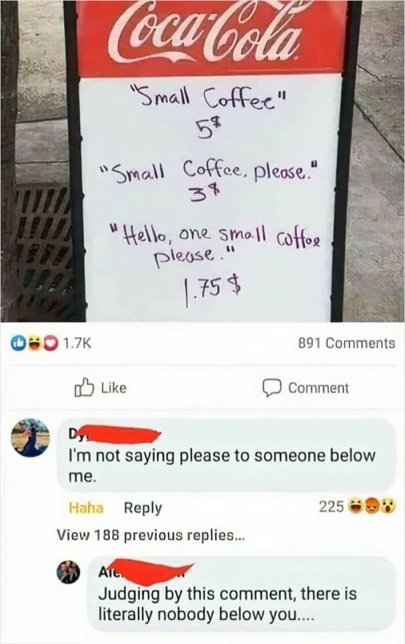 Handwritten sign with coffee prices and humorous comments.