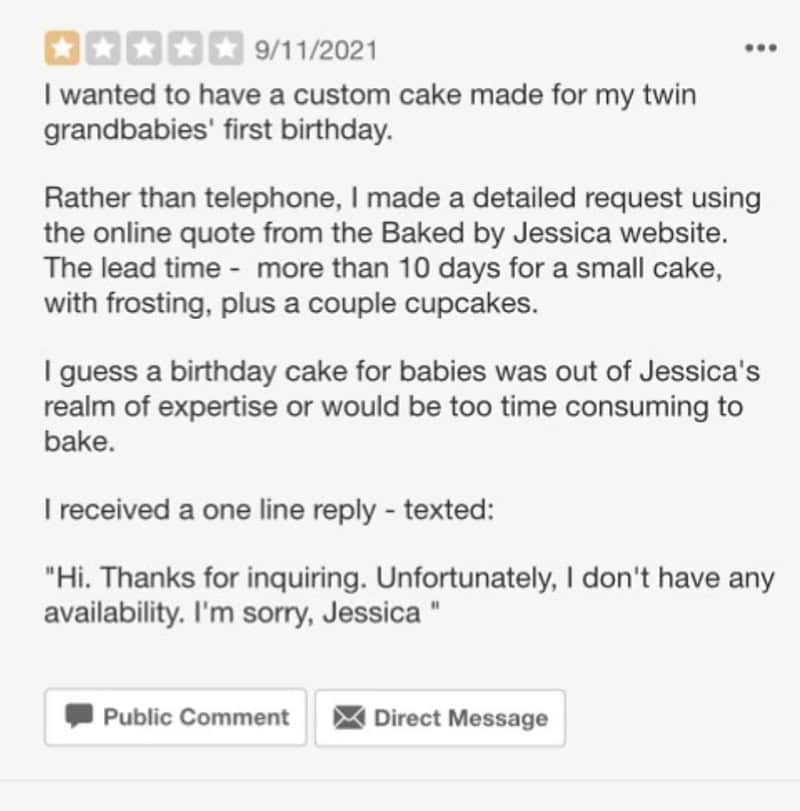 Customer review about custom twin birthday cake order and response from Jessica.