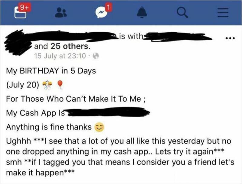 A screenshot of a Facebook post about a birthday and cash app.
