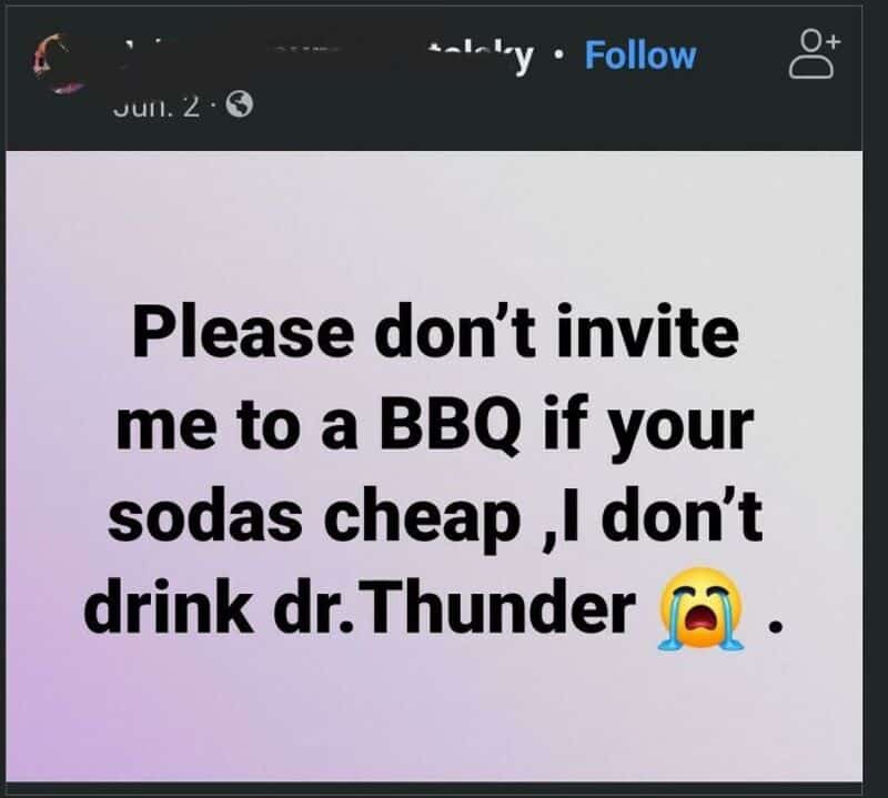 Please don't invite me to a BBQ if your sodas are cheap, I don't drink Dr. Thunder.