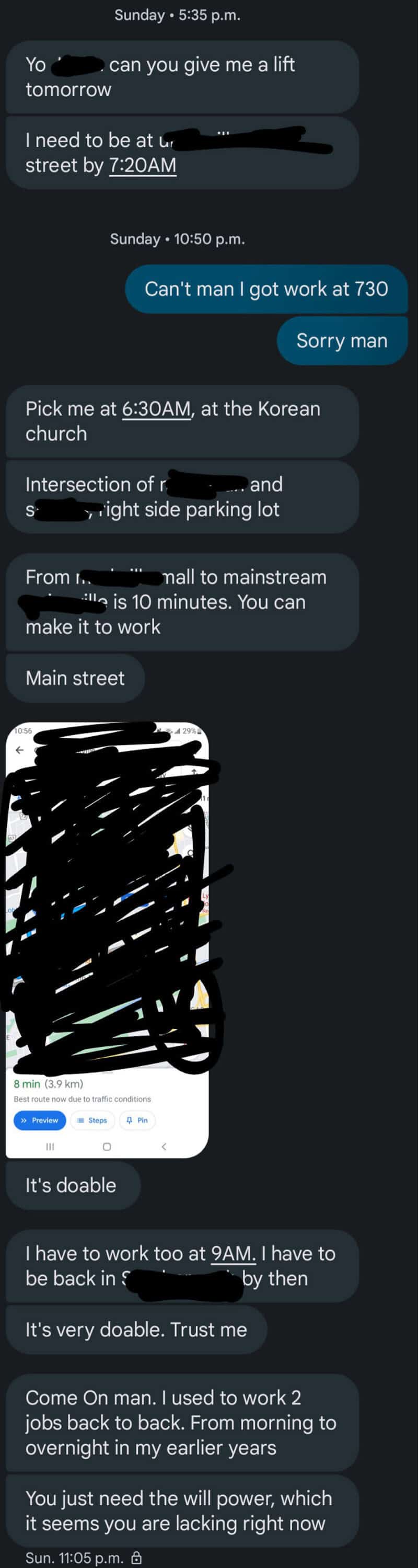 Text conversation about plans to meet and work, with times and locations discussed.