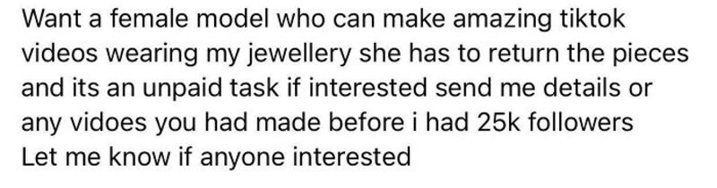 Female model wearing jewelry, seeking TikTok video collaborations.