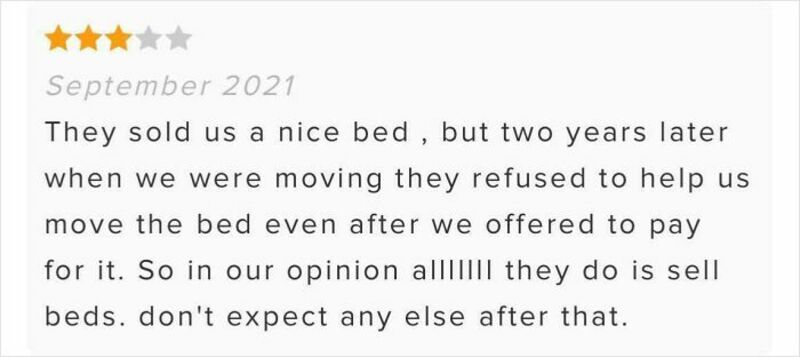 Customer review about bed purchase and service experience.