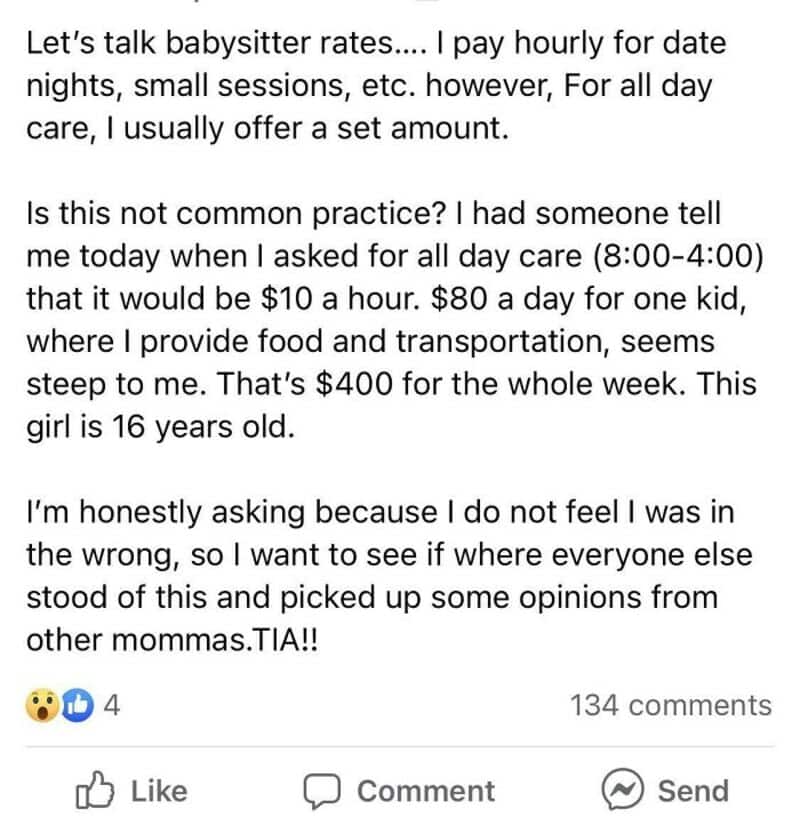 Discussion about babysitter rates and costs for child care.