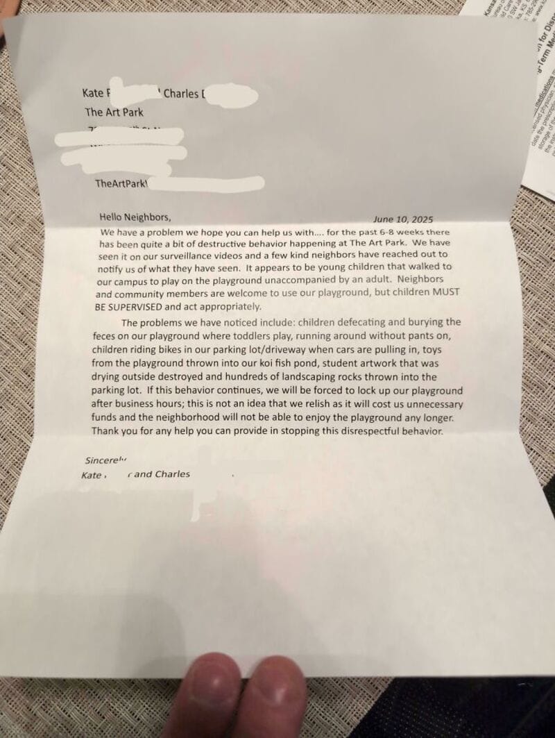 Letter from Hello Neighbors about playground safety and community guidelines.