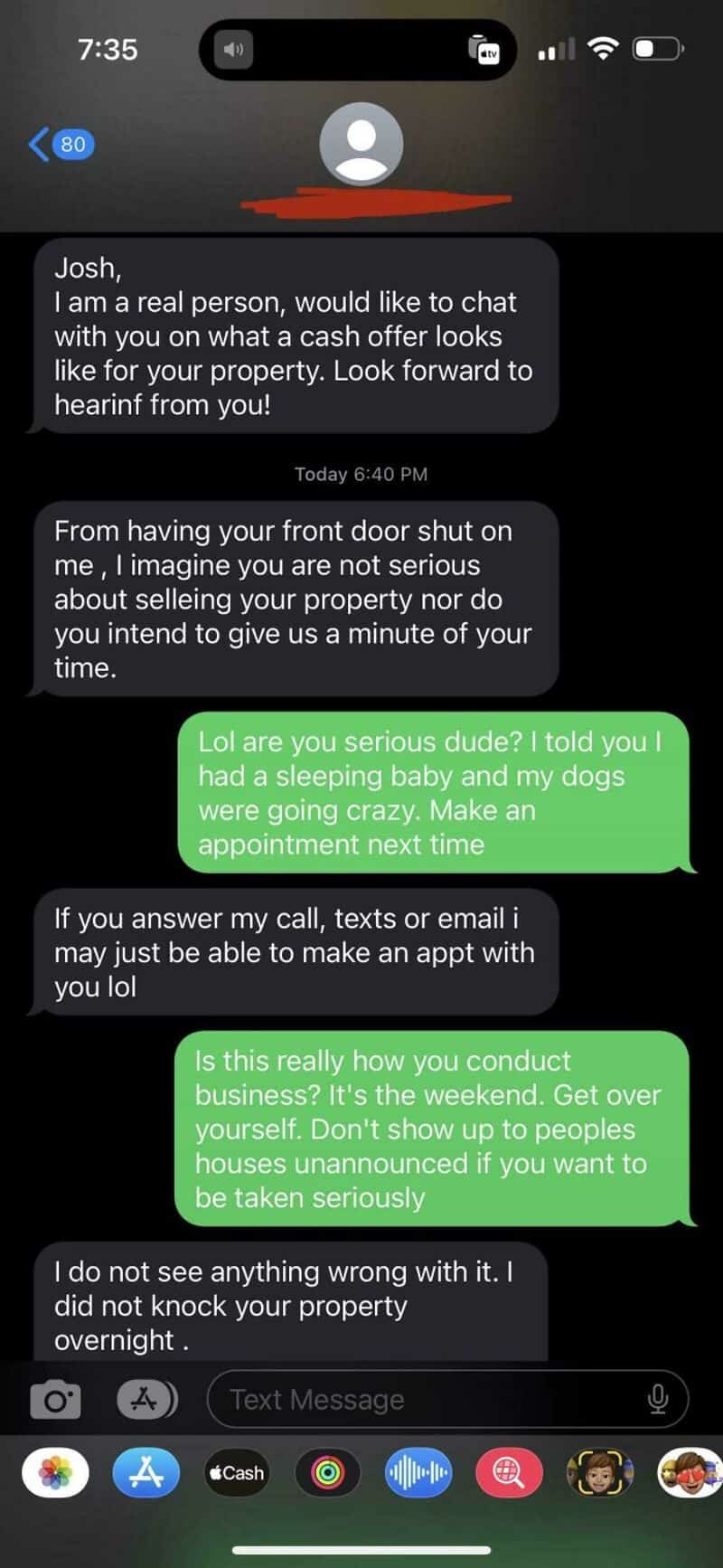 Text conversation about a property and a potential buyer, with humorous comments.