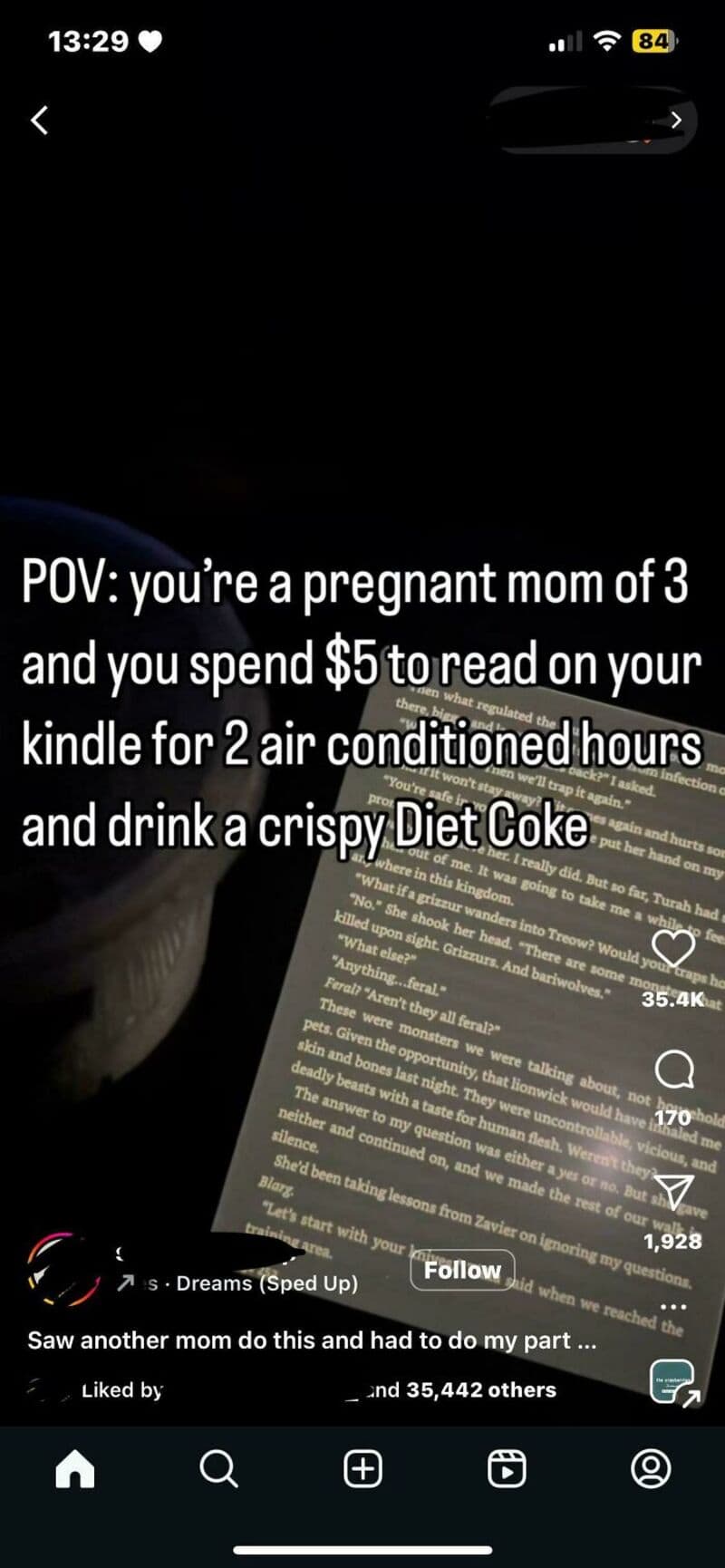 Pregnant mom with Kindle, Diet Coke, and a book, sharing her day.