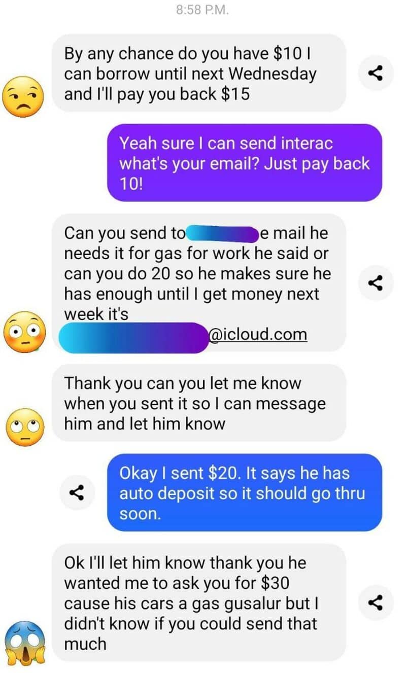 Text message conversation about borrowing money and sending payments.