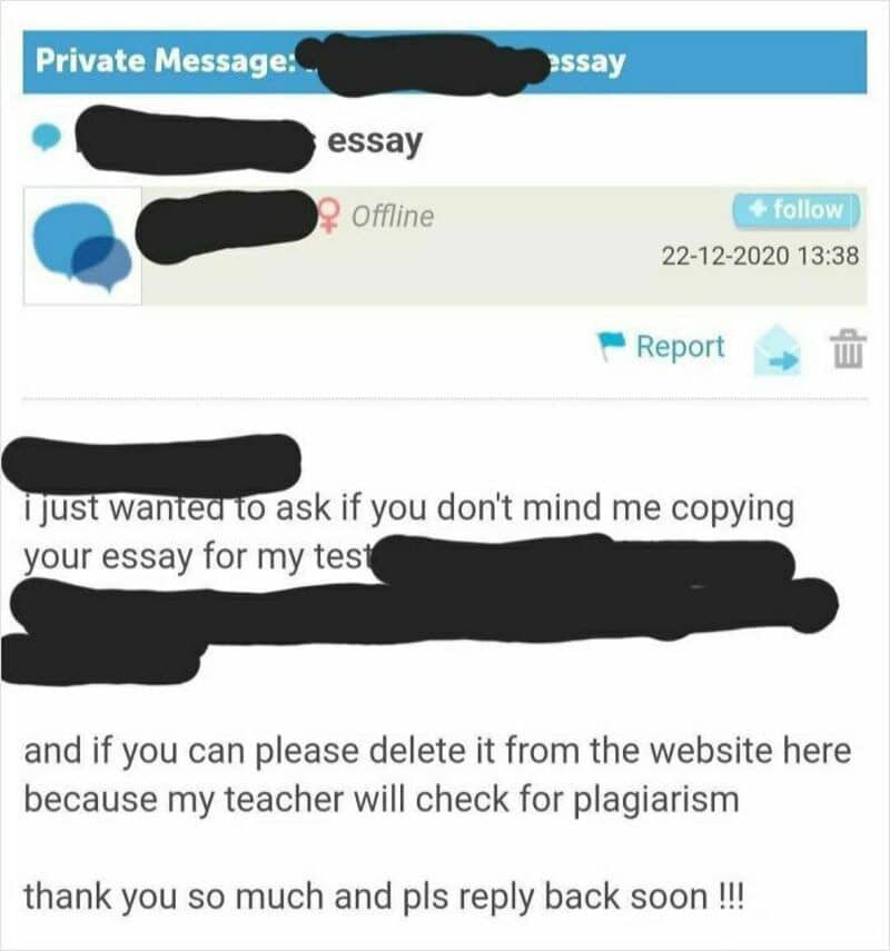 Screenshot of a private message requesting help with copying an essay and deleting it.
