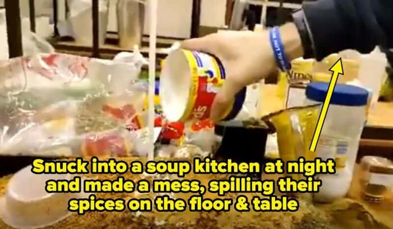 Person pouring soup into a bowl with a messy kitchen scene.