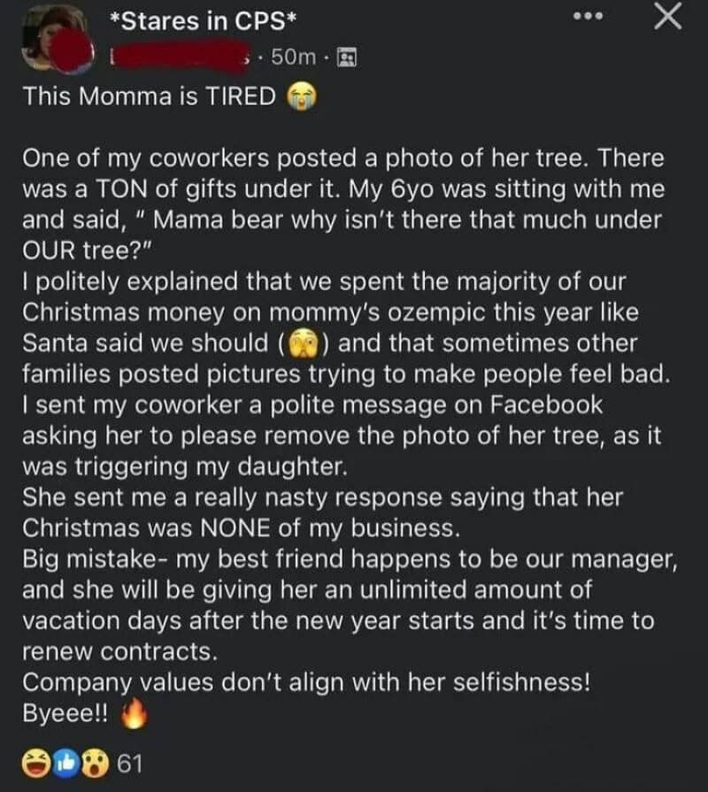 Momma bear and her cub under a tree, with a humorous story about coworker and manager.