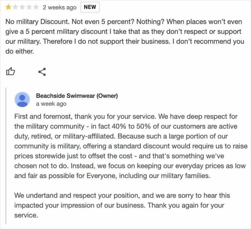 Customer review criticizing military discount policy, owner responds about military community.