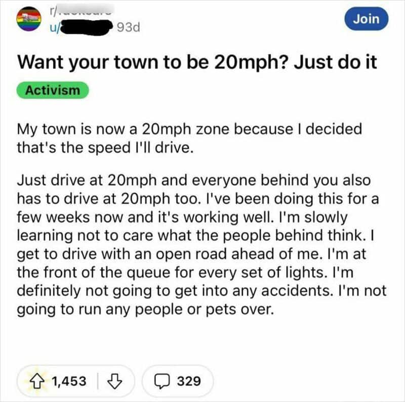 Reddit post about driving at 20mph for activism, with green 'Activism' label.