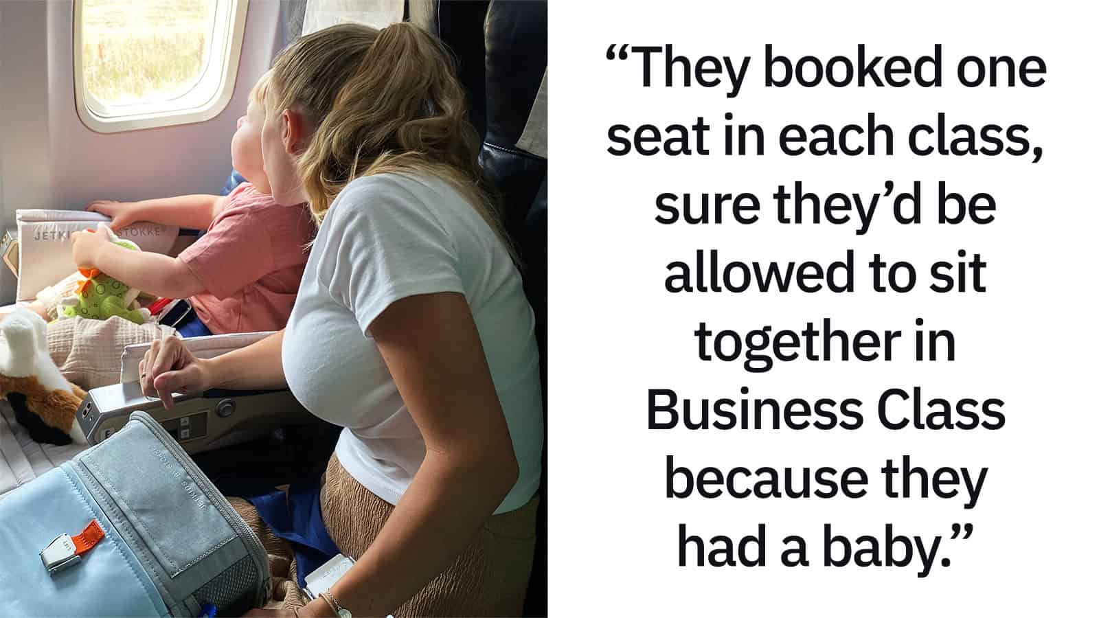 Two women with children sitting in airplane seats, one with a baby, with a quote about booking seats.