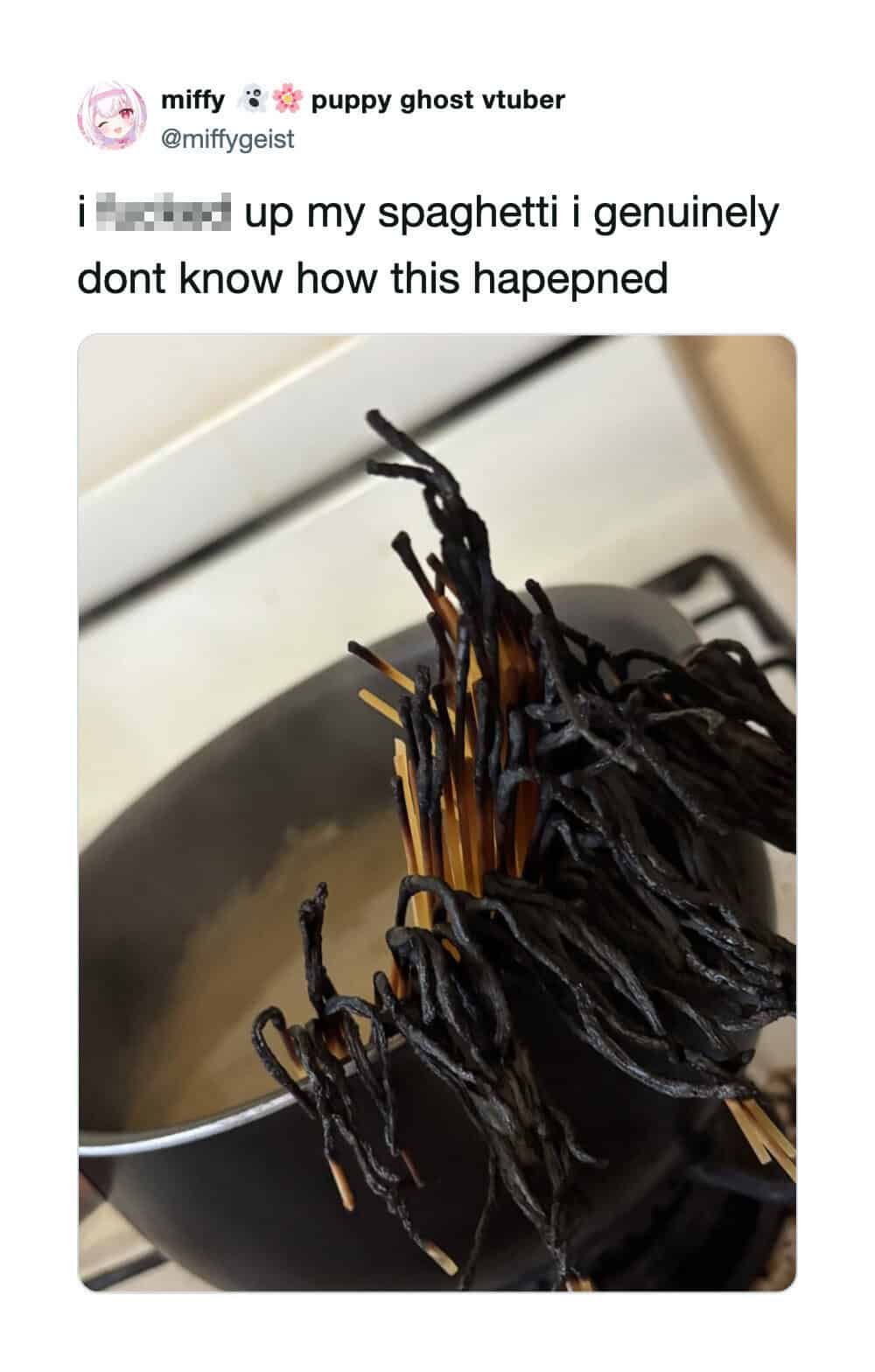 Spaghetti with blackened, burnt appearance on skewers over a pot.