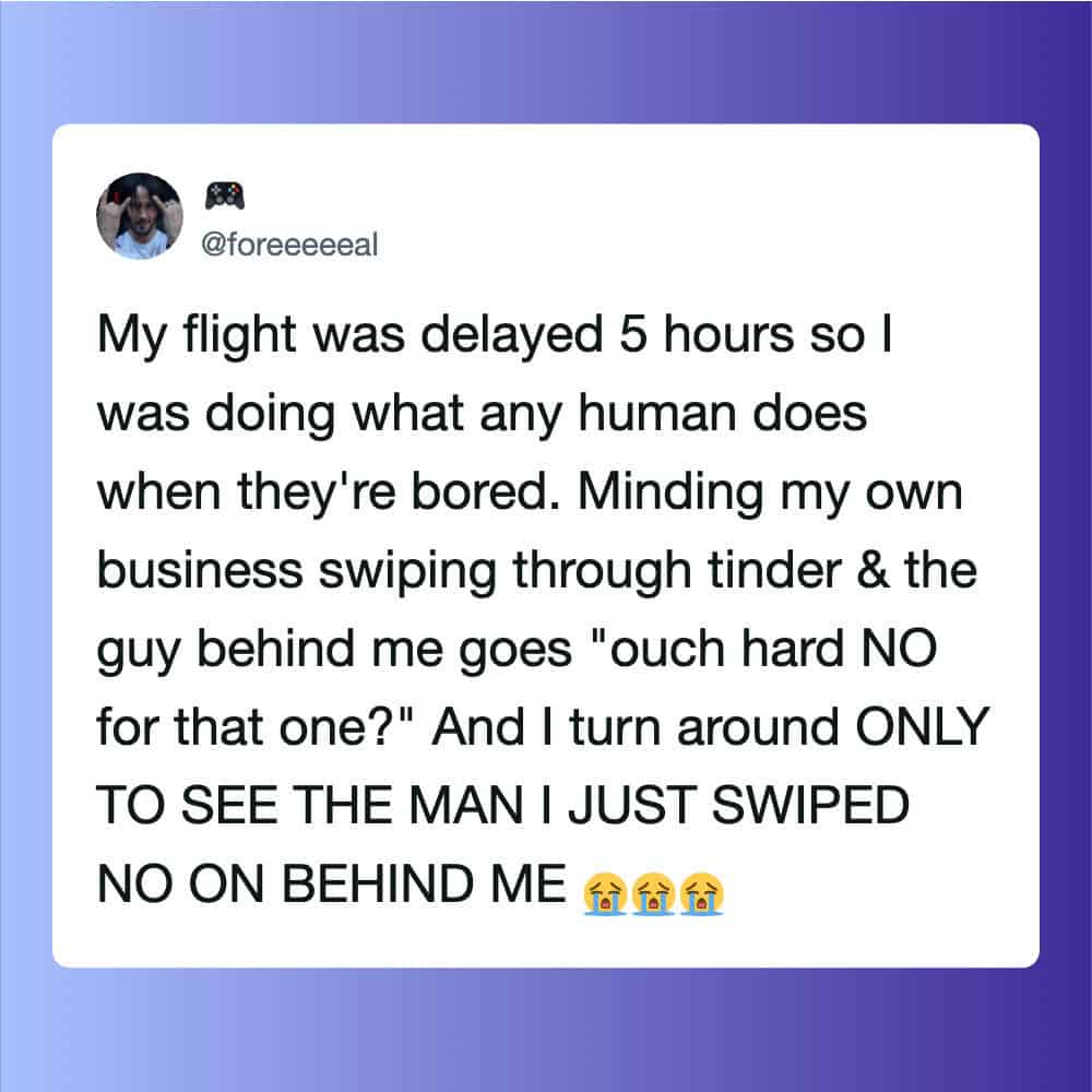 Person swiping on Tinder with a man behind them, reacting with surprise.