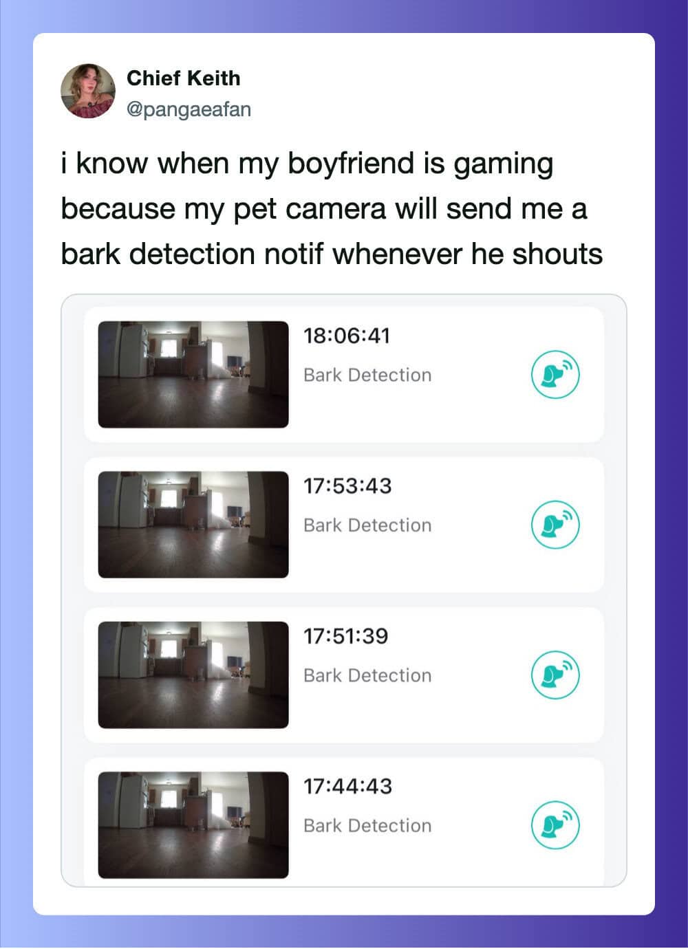 Screenshot of a pet camera app showing bark detection alerts at different times.