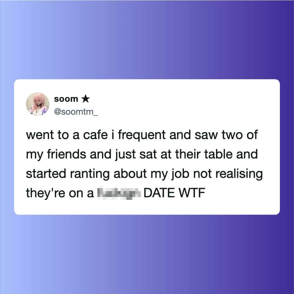 Social media post about seeing friends at a cafe and ranting about a job.