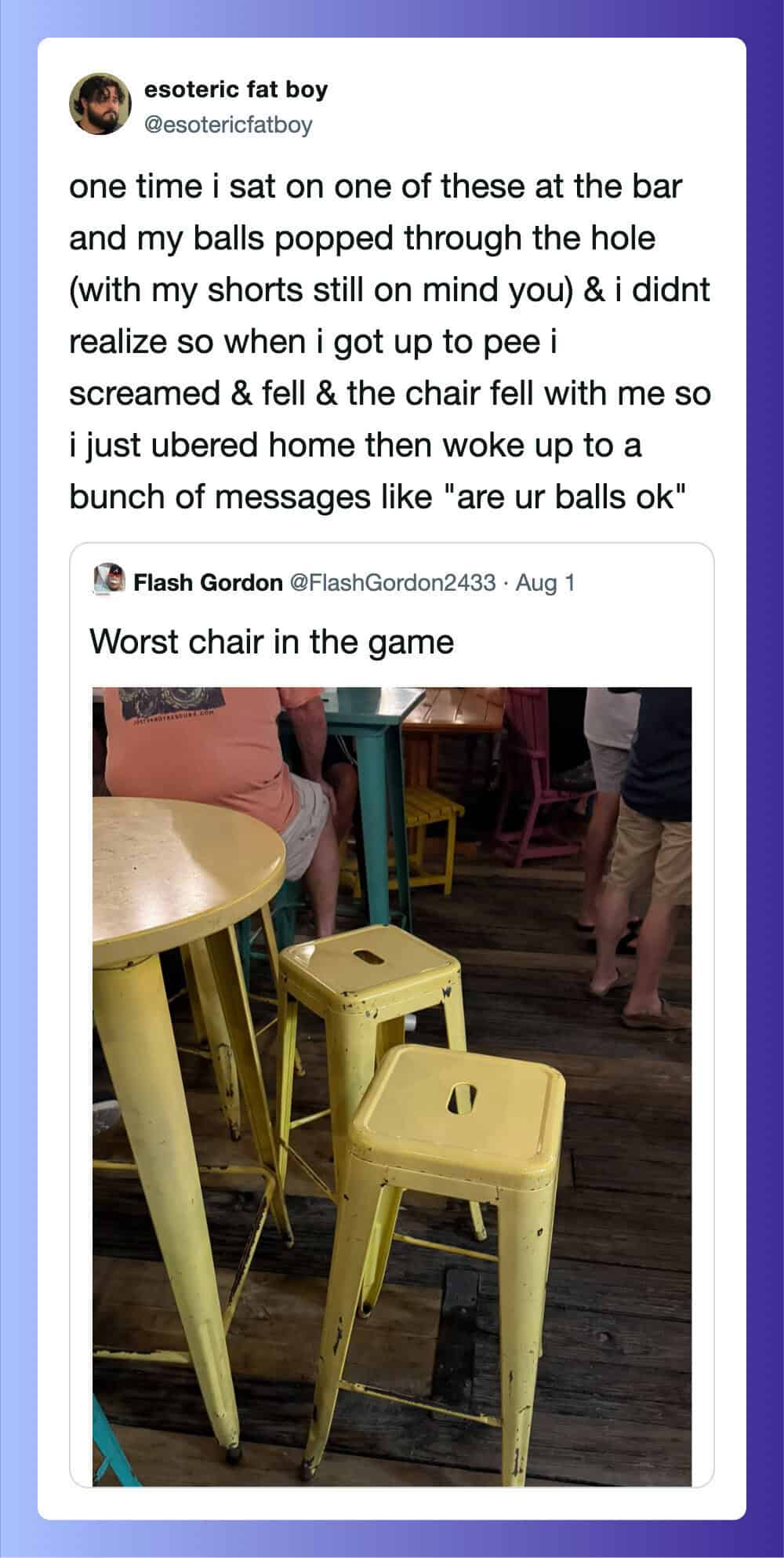 Two yellow chairs with a broken leg, one chair is toppled over.
