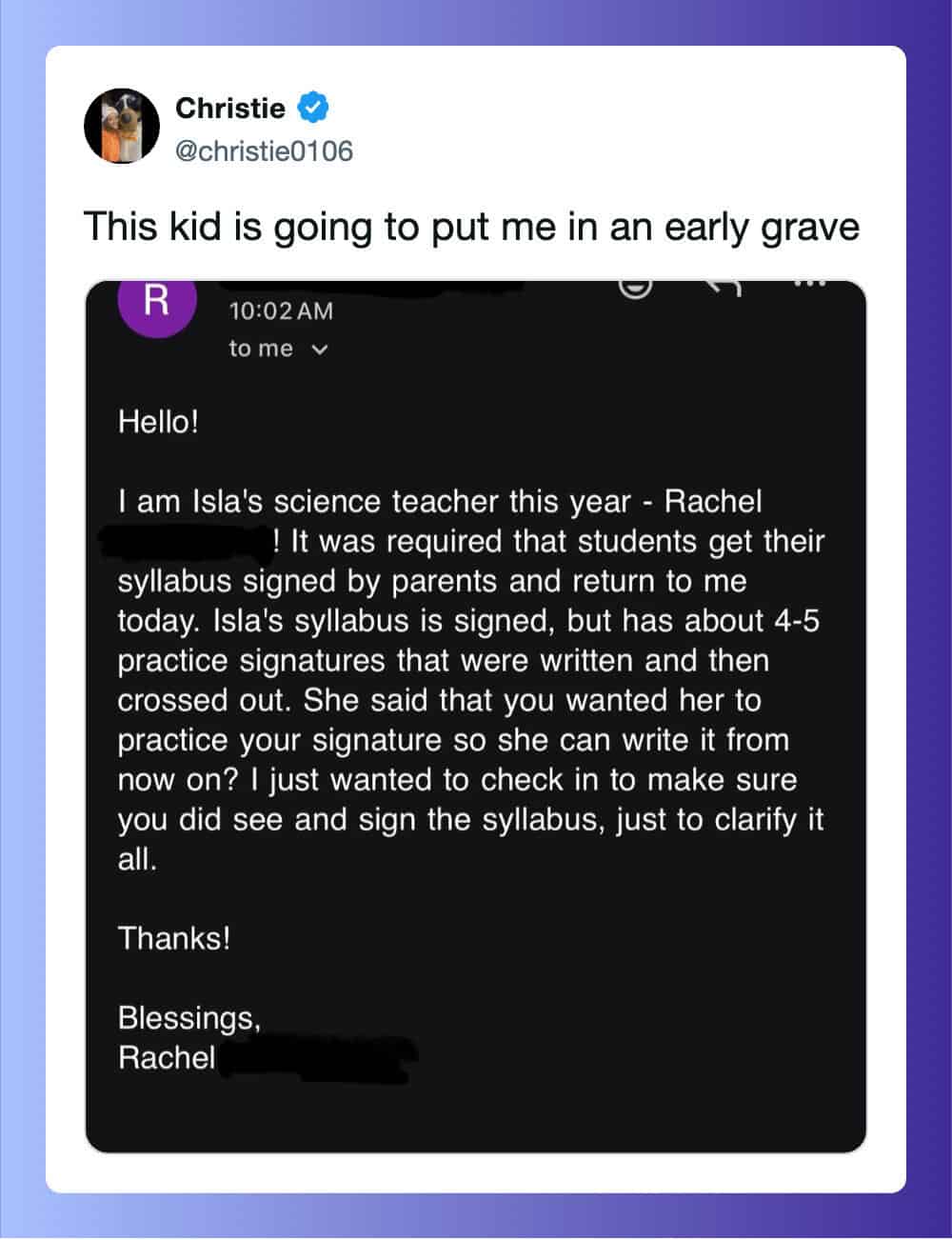 Screenshot of an email from a science teacher to a parent about a student's signed syllabus.